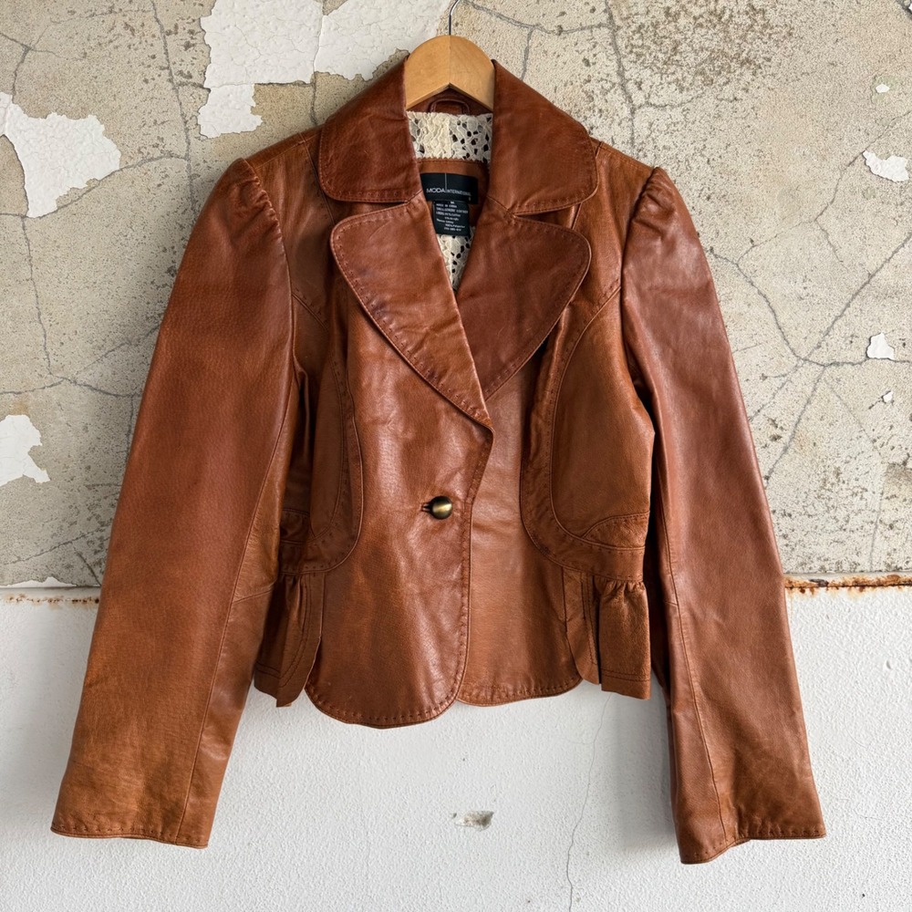 Vtg Leather Blazer Jacket Cropped Cropped Peplum Y2K Moda International Womens M